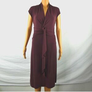 Max and Cleo Brown Cap Sleeve Midi Dress V Neck Draped Tie Waist Ruched Ruching
